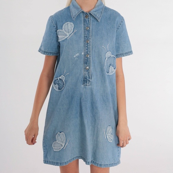 Bleu Bayou 90'sVintage Women’s Denim Dress Lady Bug Butterfly Patch - Picture 1 of 11